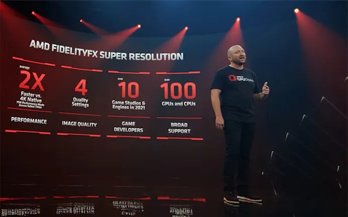 Opname van de Computex-presentatie van AMD, waar de FidelityFX Super Resolution (FSR) upscaling uit de doeken werd gedaan.