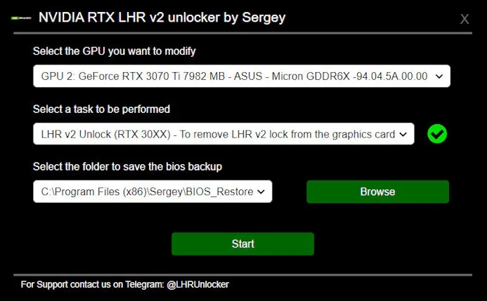 Screenshot van de inmiddels malafide gebleken 'Nvidia RTX LHR v2 Unlocker', een programma dat beloofde de cryptomining-limieten van Nvidia's Ampere-kaarten te omzeilen.