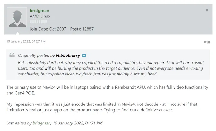 Screenshot van AMD-programmeur John Bridgman's verklaring over hoe de Navi 24 primair bedoeld is voor gebruik in laptops.