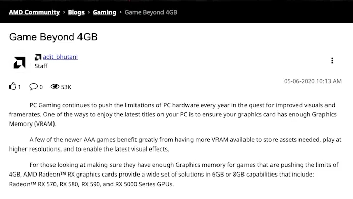 Screenshot van een inmiddels verwijderde AMD-blogpost over hoe 4GB aan VRAM achterhaald begint te raken.