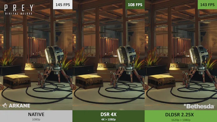 Zij-aan-zij referentiemateriaal van native 1080p, tegenover verschillende alternatieven met DLDSR-downscaling van Nvidia.