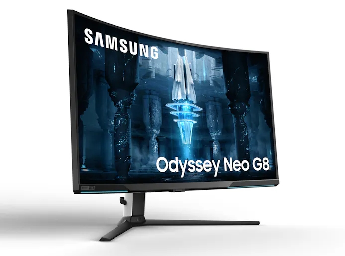 Vooraanzicht van Samsungs nieuwe Odyssey Neo G8-scherm voor gamers.