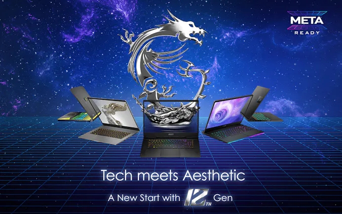 Promotioneel beeld van enkele nieuwe MSI-laptops rondom de CES 2022-portfolio.