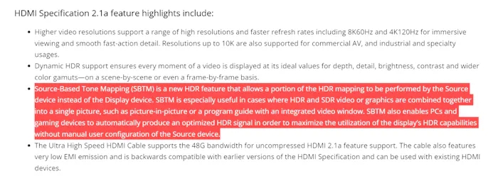 Reeds verwijderde specificatielijst voor de hdmi 2.1a-standaard, met een segment over Source-Based Tone Mapping (SBTM) uitgelicht.