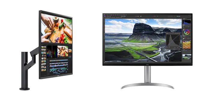 Zij-aan-zij productfoto's van LG's geheel ongekende DualUp-monitor en een nieuw UltraFine-model.
