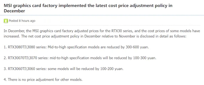Vertaalde screenshot van een claim op Board Channels over een prijsverlaging voor selecte RTX 30-videokaarten van MSI.