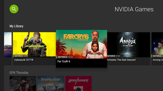 Startscherm van de NVIDIA Games-applicatie op een Shield TV, waarmee games gestreamd kunnen via onder andere GeForce Now.
