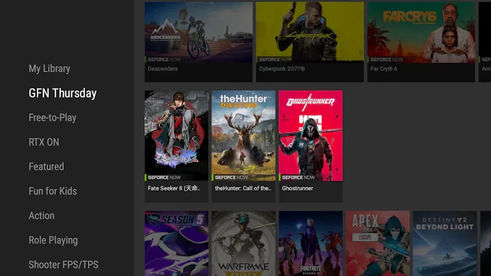 De GeForce Now Thursday-sectie op de NVIDIA Games Android-applicatie van Shield TV.