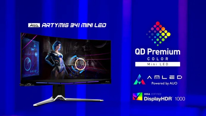 Promotionele afbeelding van de MSI MEG Artymis 341 Mini LED-monitor.
