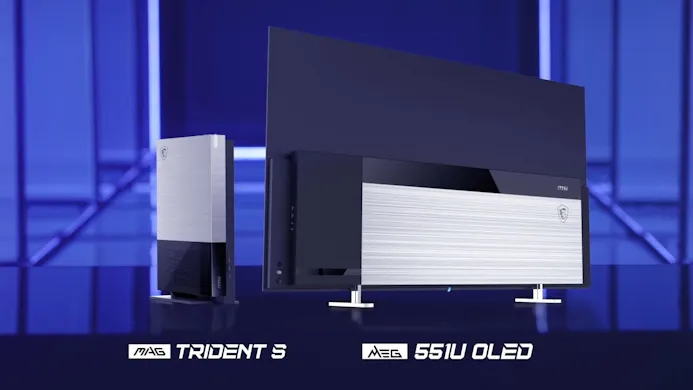 Promotionele afbeelding van de MSI MEG 551U OLED-monitor en een nog onaangekondigd MSI MAG Trident S-systeem.