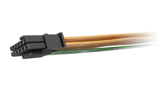 Productfoto van een mogelijke PCIe Gen 5-kabel, met 12-pins stroomtoevoer voor bijvoorbeeld zware videokaarten.