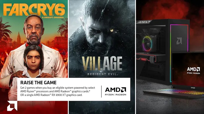Promo-afbeelding van AMD's Raise the Game-actie, waarbij Far Cry 6 en Resident Evil Village inbegrepen worden bij selecte hardware.