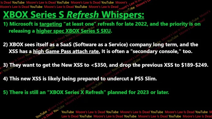 Overzicht van geruchten die Moore's Law is Dead ontving over een mogelijke revisie voor de Xbox Series S en Xbox Series X.