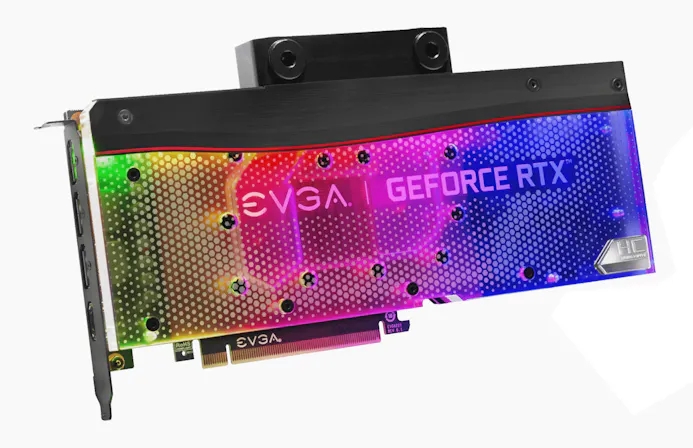 Productfoto van een watergekoelde GeForce RTX 3090 van EVGA.