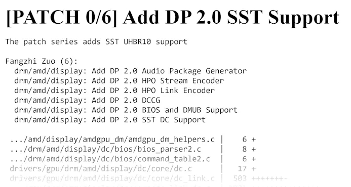 Screenshot van enkele patch notes rondom AMD's eerste implementatie van DisplayPort 2.0 in hun grafische drivers.