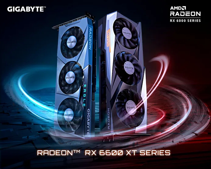 Gelekte afbeelding van de Gigabyte Aorus Gaming- en Eagle-varianten van de nog onaangekondigde Radeon RX 6600 XT-videokaart.