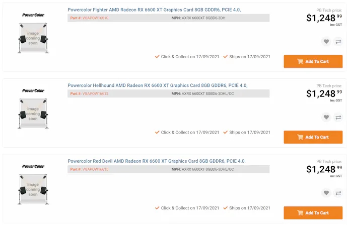 Screenshot van drie PowerColor-uitvoeringen van de Radeon RX 6600 XT in de verkoop.