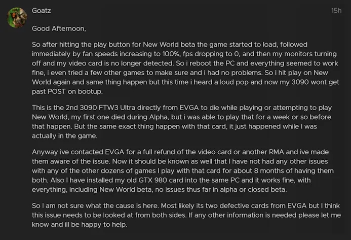 Screenshot van Goatz' eerste bericht over defecte RTX 3090-videokaarten in Amazon-mmo New World.