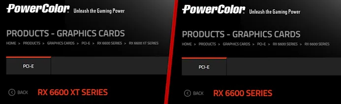 Screenshots van de PowerColor-website, maar daarop verschijning van de nog onaangekondigde Radeon RX 6600 XT en Radeon RX 6600.