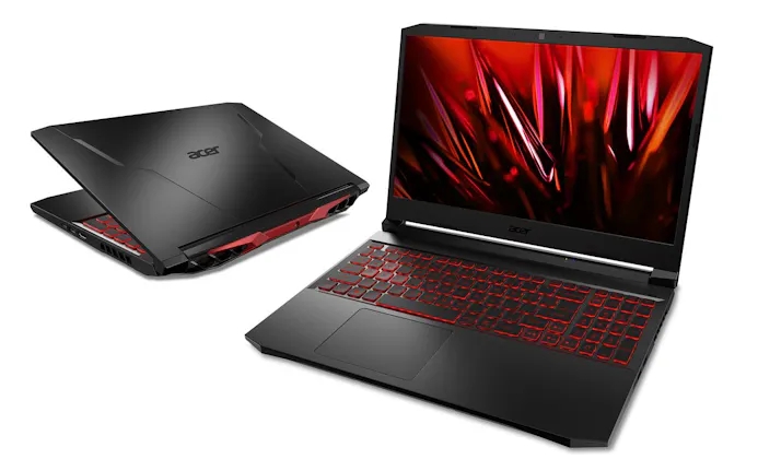 Gecompileerde productfoto van de Acer Nitro 5-laptop, afgebeeld in zowel open als nagenoeg dichtgeklapte vorm.