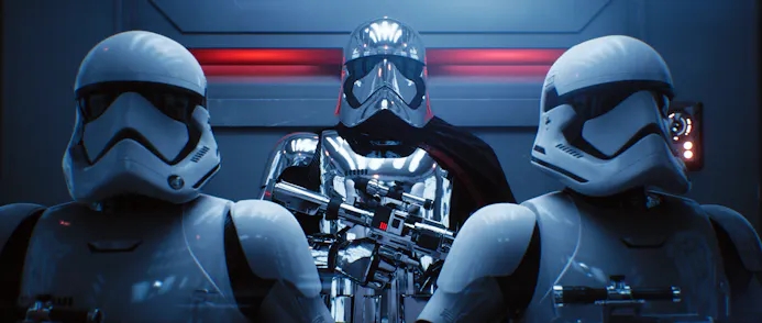 Raytracing-render van een scène uit Star Wars, met daarin twee Stormtroopers en Captain Phasma.