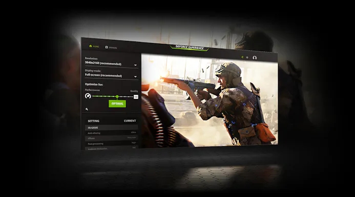 Gestileerd screenshot van de GeForce Experience, welke updates en nieuwe functies uitrolt voor Nvidia-videokaarten.