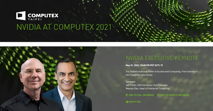 Screenshot van de Computex' webpagina van NVIDIA, met informatie over de keynote die op 31 mei 2021 uitgezonden zal worden.