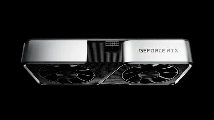 Profielaanzicht van de NVIDIA GeForce RTX 3060 Ti, met de twee ventilatoren naar onder gericht.