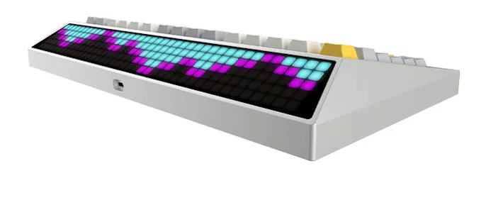 Geanimeerde afbeelding van het Cyberboard-toetsenbord, met daarop een LED-display met een kleurrijke lichtshow