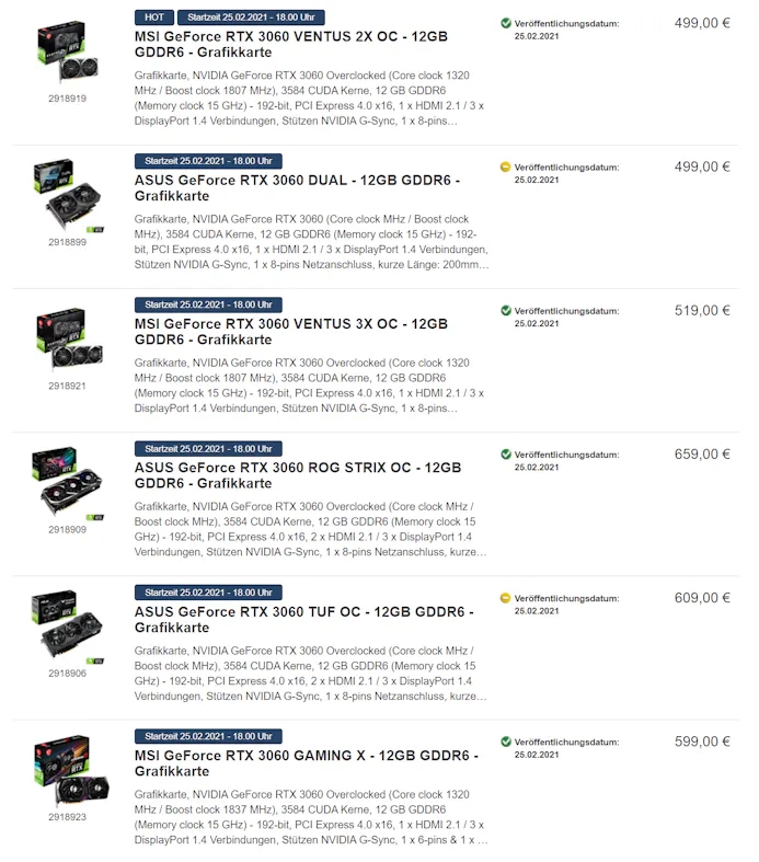Zoekresultaten voor 'RTX 3060' op de Duitse tak van ProShop, waarin zichtbaar is dat de prijzen voor release al flink opgehoogd zijn.